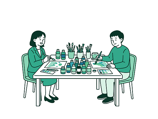 예술 일러스트 탁자 대화 사람 여러명 취미 물감 그리기 상담원 그림 작품 심리 창작 심리상담 국내일러스트 AI파일 가구 다수 모션 말하기 미술 미술도구 사무원 상담 파일형식 벡터 직업 생활용품 문화예술 오브젝트