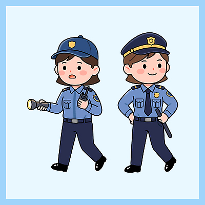 유니폼 일러스트 경비 안전 걷기 장비 손전등 사회 경찰 보안 순찰 통신장비 국내일러스트 AI파일 직업 옷 모션 조명 보호 공동체 파일형식 벡터 컨셉