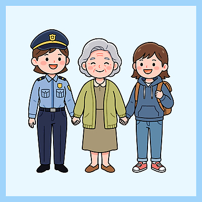 학생 할머니 일러스트 따뜻함 미소 안전 걷기 손잡기 사회 경찰 보호 공동체 도와주기 연대 지원 국내일러스트 AI파일 직업 여자 노년 컨셉 모션 표정 파일형식 벡터 사람 성인