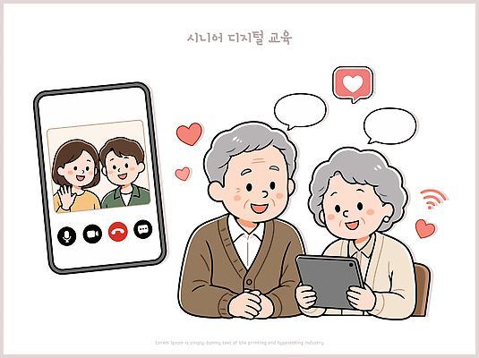 교육 노년 인터넷 일러스트 가족 기술 대화 태블릿 스크린 정보 도움 실습 소통 국내일러스트 AI파일 컨셉 관계 말하기 성인 전자제품 스마트기기 파일형식 벡터 모션 사람