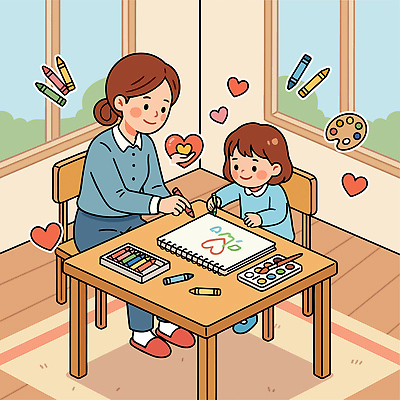 교육 어린이 예술 일러스트 가족 탁자 엄마 사랑 물감 즐거움 그림 크레파스 창의성 국내일러스트 AI파일 감정 가구 관계 학용품 사람 미술도구 파일형식 벡터 생활용품 문구용품 오브젝트