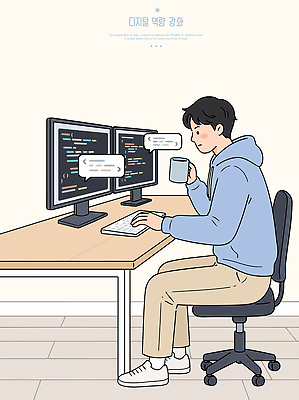 남자 커피 의자 일러스트 기술 실험 컴퓨터 디지털 스크린 모니터 작업 코드 집중 책상 강화 개발 소프트웨어 프로그램 국내일러스트 AI파일 음료 가구 컨셉 사람 전자제품 파일형식 벡터 생활용품 오브젝트