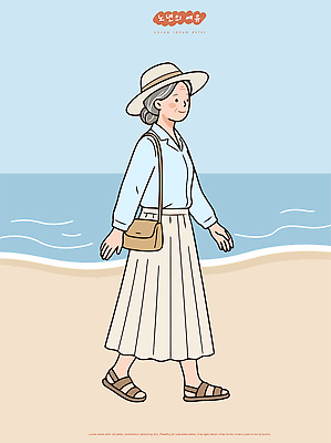 모자 여자 패션 노년 여유 바다 여행 가방 일러스트 자연 휴식 취미 해변 일상 여름 노후 모래사장 걷기 산책 분위기 편안함 즐거움 국내일러스트 AI파일 잡화 계절 감정 컨셉 모션 사람 성인 라이프 감각 생태계 파일형식 벡터 생활
