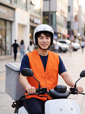 JPG 편집이미지 남자 거리 안전 상점 운전 스쿠터 오토바이 도시 배달원 헬멧 배송 의료성형뷰티 편집실사 AI인물포토 직업 모션 사람 바이크 보호장비 CG 파일형식 AI포토 육상교통 장비 AI콘텐츠 교통수단 교통