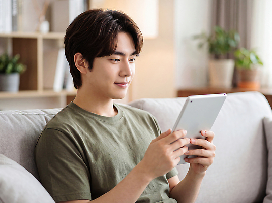 JPG 식물 편집이미지 남자 기술 실내 생활 소파 태블릿 편안함 집중 콘텐츠 의료성형뷰티 편집실사 AI인물포토 컨셉 의자 사람 내부 전자제품 스마트기기 감각 CG 파일형식 AI포토 가구 AI콘텐츠 생활용품 오브젝트