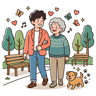 나무 공원 남자 행복 할머니 나비 벤치 일러스트 가족 사랑 웃음 팔짱 귀여움 산책 마음 강아지 부축 국내일러스트 AI파일 식물 공공시설 여자 노년 감정 곤충 컨셉 의자 관계 모션 휴식 표정 사람 반려동물 개 파일형식 벡터 동물 가구 포유류 성인 시설 생활용품 오브젝트