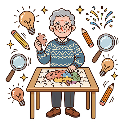 노년 조각 일러스트 전구 취미 연필 기쁨 도구 퍼즐 집중 책상 즐거움 확대경 맞추기 국내일러스트 AI파일 감정 가구 컨셉 모션 학용품 성인 필기구 파일형식 벡터 생활용품 문구용품 사람 오브젝트