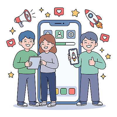 디자인 여자 남자 일러스트 비즈니스 버튼 성공 협력 기술 스마트폰 태블릿 기계 그룹 어플리케이션 동료 즐거움 소통 음성 국내일러스트 AI파일 감정 컨셉 관계 사람 전자제품 핸드폰 스마트기기 파일형식 벡터