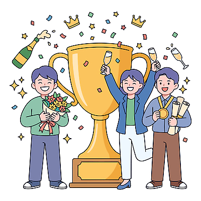 꽃다발 일러스트 비즈니스 성공 협력 잔 웃음 여러명 파티 축제 기쁨 축하 결과 샴페인 상패 트로피 동료 즐거움 금메달 시상식 국내일러스트 AI파일 식기 꽃 감정 다수 컨셉 관계 주류 표정 사람 이벤트 우승 상 메달 파일형식 벡터 식물 음료 최고