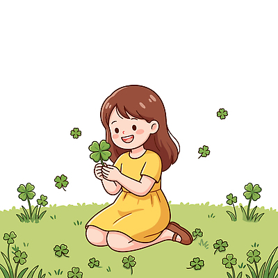 꽃 행복 어린이 일러스트 자연 웃음 앉기 소녀 초원 초록색 여름 기쁨 행운 네잎클로버 클로버 발견 국내일러스트 AI파일 식물 계절 여자 감정 컬러 컨셉 모션 표정 사람 생태계 파일형식 벡터