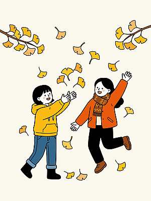 어린이 낙엽 잎 일러스트 자연 놀이 웃음 사람 친구 외투 가을 즐거움 은행잎 국내일러스트 AI파일 식물 계절 감정 상의 관계 표정 생태계 파일형식 벡터 옷