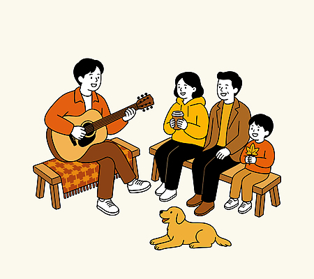여자 남자 어린이 음악 연주 일러스트 가족 함께함 웃음 사람 앉기 듣기 기타 개 즐거움 국내일러스트 AI파일 감정 컨셉 포유류 관계 모션 현악기 문화예술 표정 파일형식 벡터 동물 악기