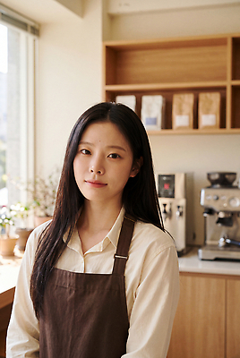 JPG 편집이미지 여자 커피 음료 미소 공간 카페 모던 바리스타 의료성형뷰티 편집실사 AI인물포토 직업 표정 사람 상점 CG 파일형식 AI포토 AI콘텐츠