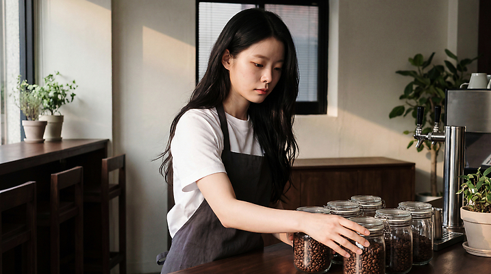 JPG 편집이미지 여자 커피 음료 탁자 유리병 한국 밝음 일상 공간 카페 원두 정리 바리스타 카페인 의료성형뷰티 편집실사 AI인물포토 직업 아시아 가구 병_용기 사람 라이프 상점 CG 파일형식 AI포토 나라 생활용품 생활 AI콘텐츠 오브젝트