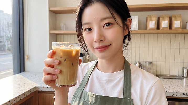 JPG 편집이미지 여자 커피 음료 미소 앞치마 카페 계산대 직원 서비스 바리스타 아이스커피 의료성형뷰티 편집실사 AI인물포토 직업 표정 사람 상점 CG 파일형식 AI포토 AI콘텐츠