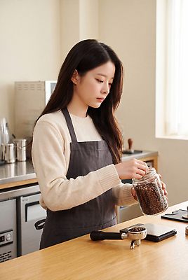JPG 편집이미지 여자 커피 탁자 사람 주방 앞치마 카페 원두 기구 작업 집중 준비 바리스타 의료성형뷰티 편집실사 AI인물포토 직업 음료 가구 컨셉 상점 CG 파일형식 AI포토 생활용품 AI콘텐츠 오브젝트