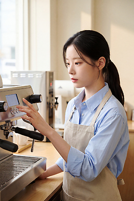 JPG 편집이미지 여자 커피 음료 앞치마 카페 작업 집중 바리스타 조작 의료성형뷰티 편집실사 AI인물포토 직업 컨셉 사람 상점 CG 파일형식 AI포토 AI콘텐츠