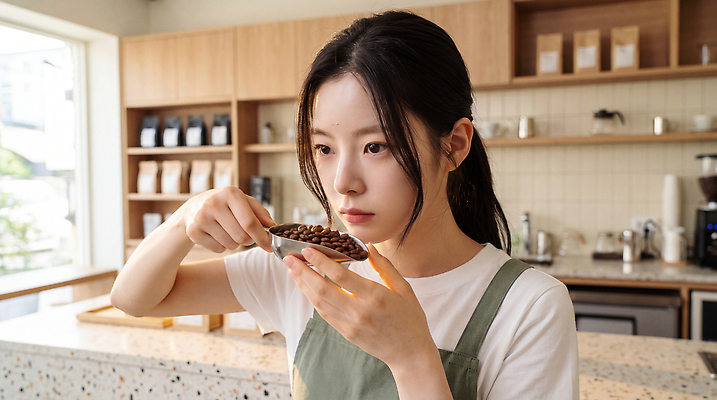 JPG 편집이미지 그릇 여자 커피 음식 주방 카페 원두 작업 확인 냄새 바리스타 의료성형뷰티 편집실사 AI인물포토 직업 식기 음료 사람 상점 CG 파일형식 AI포토 AI콘텐츠