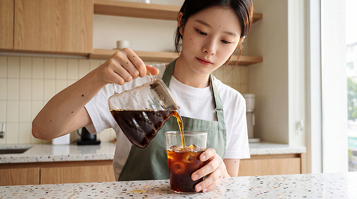 JPG 편집이미지 여자 커피 음료 탁자 주방 붓기 커피잔 준비 바리스타 아이스커피 의료성형뷰티 편집실사 AI인물포토 직업 가구 모션 잔 사람 CG 파일형식 AI포토 식기 생활용품 AI콘텐츠 오브젝트