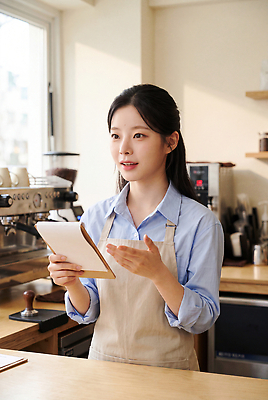 JPG 편집이미지 여자 커피 대화 주방 카페 업무 작업 직원 서비스 메뉴 바리스타 의료성형뷰티 편집실사 AI인물포토 직업 음료 말하기 사람 상점 CG 파일형식 AI포토 모션 AI콘텐츠