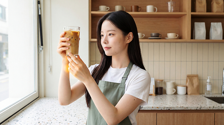 JPG 편집이미지 여자 커피 음료 잔 한국 주방 깨끗함 카페 준비 바리스타 의료성형뷰티 편집실사 AI인물포토 직업 식기 아시아 컨셉 사람 상점 CG 파일형식 AI포토 나라 AI콘텐츠