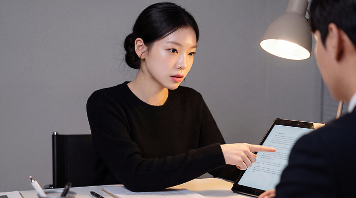 JPG 편집이미지 여자 남자 탁자 회의 조명 대화 설명 태블릿 사무실 자료 정리 변호사 의료성형뷰티 편집실사 AI인물포토 직업 가구 비즈니스 모션 말하기 사람 전자제품 스마트기기 CG 파일형식 AI포토 생활용품 AI콘텐츠 오브젝트