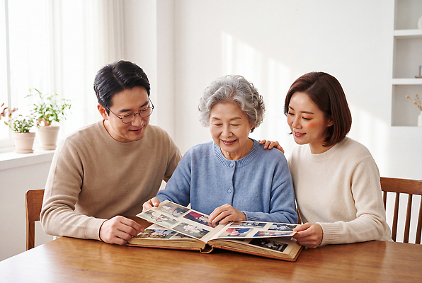 JPG 편집이미지 노년 가족 이야기 웃음 부모 건강관리 자녀 추억 앨범 의료성형뷰티 편집실사 AI인물포토 컨셉 관계 표정 건강 관리 성인 CG 파일형식 AI포토 사람 AI콘텐츠