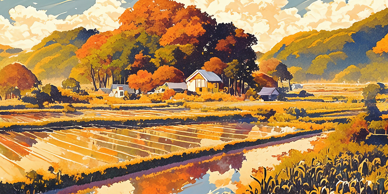JPG 나무 농업 일러스트 자연 하늘 논 풍경 일상 농작물 반사 평화 마을 가을 시골 국내일러스트 AI일러스트 AI콘텐츠 식물 계절 산업 컨셉 라이프 생태계 파일형식 생활