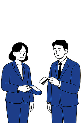 여자 남자 일러스트 비즈니스 직장 웃음 사람 정장 두명 금융 경제 사무실 거래 신용카드 결제 상호작용 국내일러스트 AI파일 옷 회사 표정 파일형식 벡터