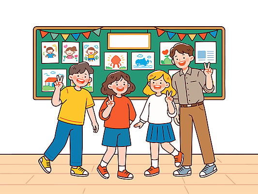 디자인 교육 행복 어린이 예술 일러스트 교실 학교 수업 웃음 친구 칠판 그룹 즐거움 그림 국내일러스트 AI파일 감정 관계 표정 사람 파일형식 벡터