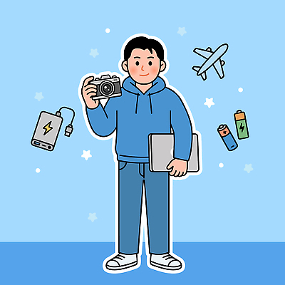 남자 여행 이동 일러스트 비행기 노트북 카메라 장비 전원 건전지 준비 안전수칙 기내 보배 소지품 준비물 국내일러스트 AI파일 컨셉 항공교통 대중교통 안전 사람 전자제품 전기에너지 오브젝트 공공장소 약어 파일형식 벡터 교통수단 장소 에너지 교통