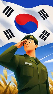 JPG 전통 상징 일러스트 기념 한국 사람 이벤트 군인 국기 군복 애국심 국군의날 들녘 자부심 AI일러스트 AI콘텐츠 직업 아시아 유니폼 국군 파일형식 법정기념일 옷 기념일 나라