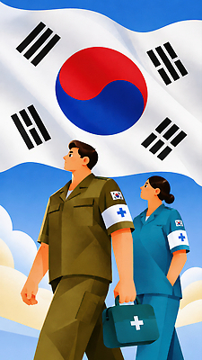 JPG 여자 남자 나라 상징 일러스트 의학 하늘 군대 한국 안전 사람 군인 간호사 의사 도움 국기 군복 국군의날 AI일러스트 AI콘텐츠 직업 아시아 컨셉 유니폼 의료진 국군 파일형식 법정기념일 옷 기념일 이벤트