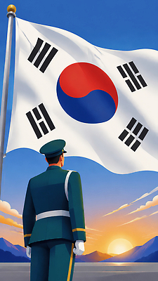 자연요소 직업 문양 옷 아시아 컬러 기념 이벤트 국기 밤 야간 국군 파일형식 법정기념일 AI콘텐츠 군인 한국 태양 저녁 유니폼 태극기 파란색 국방 기념일 애국심 풍경 하늘 지평선 기념식 태극 상징 JPG 국군의날 AI일러스트 일러스트 사람