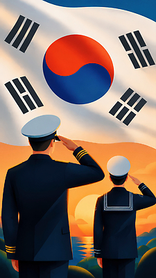 JPG 모자 바다 유니폼 일러스트 군대 한국 사람 해변 두명 청춘 일몰 군인 태극기 군복 경례 국군의날 AI일러스트 AI콘텐츠 직업 잡화 옷 아시아 컨셉 노을 인사 국기 국군 파일형식 법정기념일 자연요소 기념일 나라 예절 이벤트