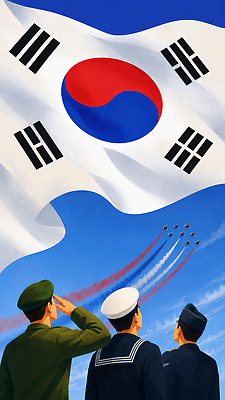 JPG 나라 일러스트 하늘 비행기 한국 사람 이벤트 세명 축제 공연 군인 깃발 공군 해군 육군 경례 공중묘기 국군의날 AI일러스트 AI콘텐츠 직업 아시아 항공교통 대중교통 군대 인사 묘기 국군 파일형식 법정기념일 기념일 교통수단 예절 교통