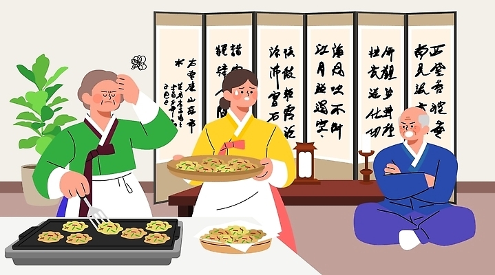 전통 문화 음식 일러스트 가족 한국 대화 요리 사람 전통의상 한복 전 제사 준비 제사음식 불편함 국내일러스트 AI파일 한국전통 아시아 관계 말하기 전통음식 감각 전통의례 파일형식 벡터 나라 모션