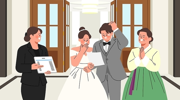 커플 드레스 신부 웨딩드레스 신랑 일러스트 결혼식 대화 웃음 사람 턱시도 기쁨 한복 가격 불편함 국내일러스트 AI파일 한국전통 옷 감정 결혼 관계 표정 말하기 정장 감각 전통의상 파일형식 벡터 전통 모션 한국 이벤트 아시아 나라
