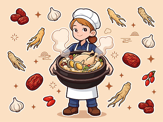 한식 음식 일러스트 식재료 재료 건강 마늘 요리 요리사 닭고기 전통음식 인삼 대추 보양식 한방삼계탕 국내일러스트 AI파일 직업 전통 채소 육류 삼 삼계탕 몸보신 파일형식 벡터 보신