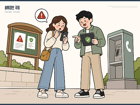 공원 일러스트 대화 경고 두명 스마트폰 정보 표지판 확인 안심 점검 소통 거짓 관심 국내일러스트 AI파일 공공시설 컨셉 알림판 말하기 사람 핸드폰 스마트기기 파일형식 벡터 모션 전자제품 시설