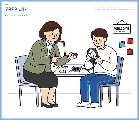 여자 남자 일러스트 탁자 대화 컴퓨터 사무실 헤드폰 듣기 업무 도움 질문 책상 상담 수신 응답 지원 국내일러스트 AI파일 음향기기 가구 컨셉 비즈니스 모션 말하기 사람 전자제품 작업 파일형식 벡터 생활용품 오브젝트