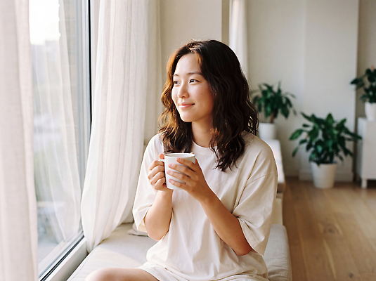 JPG 편집이미지 여자 여유 커피 생각 창문 아침 집안 일상 편안함 창가 즐거움 혼자 의료성형뷰티 차분 편집실사 AI인물포토 주간 감정 음료 컨셉 실내 사람 라이프 감각 CG 파일형식 AI포토 자연요소 내부 생활 AI콘텐츠