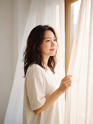 JPG 편집이미지 여자 여유 아침 집안 내부 일상 햇빛 커튼 편안함 창가 즐거움 부드러움 의료성형뷰티 편집실사 AI인물포토 주간 감정 창문 실내 사람 라이프 빛 감각 CG 파일형식 AI포토 자연요소 생활 AI콘텐츠