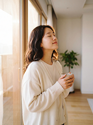 JPG 편집이미지 여자 여유 커피 음료 아침 집안 휴식 실내 일상 햇빛 편안함 창가 즐거움 의료성형뷰티 차분 편집실사 AI인물포토 주간 감정 컨셉 창문 사람 내부 라이프 빛 감각 CG 파일형식 AI포토 자연요소 생활 AI콘텐츠
