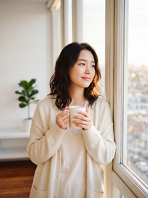 JPG 편집이미지 여자 여유 커피 창문 아침 집안 휴식 일상 생활 즐거움 의료성형뷰티 차분 편집실사 AI인물포토 주간 감정 음료 컨셉 실내 사람 라이프 CG 파일형식 AI포토 자연요소 내부 AI콘텐츠
