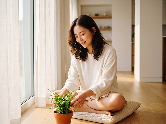 JPG 식물 편집이미지 여자 여유 아침 집안 휴식 실내 건강 관리 취미 즐거움 손질 의료성형뷰티 편집실사 AI인물포토 주간 감정 컨셉 사람 내부 CG 파일형식 AI포토 자연요소 AI콘텐츠