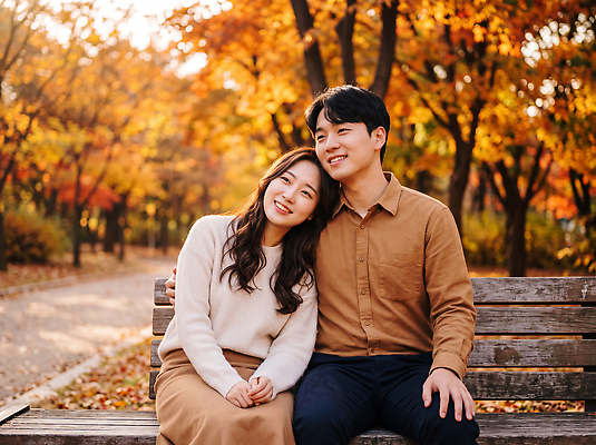 JPG 나무 편집이미지 커플 공원 여자 남자 단풍 벤치 데이트 자연 웃음 사람 가을 의료성형뷰티 편집실사 AI인물포토 AI콘텐츠 식물 계절 공공시설 잎 의자 관계 표정 CG 생태계 파일형식 AI포토 가구 시설 생활용품 오브젝트