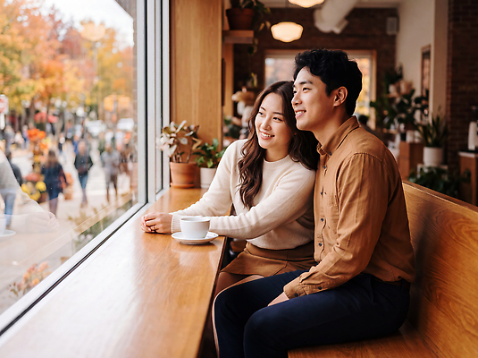 JPG 나무 편집이미지 커플 여자 남자 커피 단풍 데이트 거리 대화 웃음 풍경 여러명 카페 가을 창가 의료성형뷰티 편집실사 AI인물포토 AI콘텐츠 식물 계절 음료 다수 잎 창문 관계 표정 말하기 사람 상점 CG 파일형식 AI포토 모션