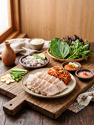 JPG 편집이미지 웰빙 한식 채소 식탁 반찬 김치 육류 요리 식사 저녁 보쌈 쌀밥 메인요리 의료성형뷰티 편집실사 AI인물포토 AI콘텐츠 음식 식재료 탁자 밥 밤 야간 CG 파일형식 AI포토 자연요소 가구 생활용품 오브젝트