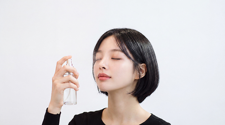 JPG 편집이미지 헤어스타일 여자 얼굴 화장 뷰티 촉촉함 수분 뿌리기 피부 피부관리 스프레이 의료성형뷰티 편집실사 AI인물포토 모션 사람 신체부위 젖음 CG 파일형식 AI포토 AI콘텐츠